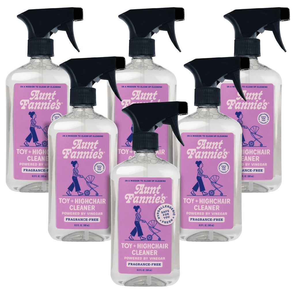 Aunt Fannie's Toy and Highchair Cleaner, Hypoallergenic, Multi-Purpose Spray Powered by Vinegar for Toys, High Chairs, Car Seats, Swings, Counters, and Other Hard Surfaces Fragrance Free, Pack of 6