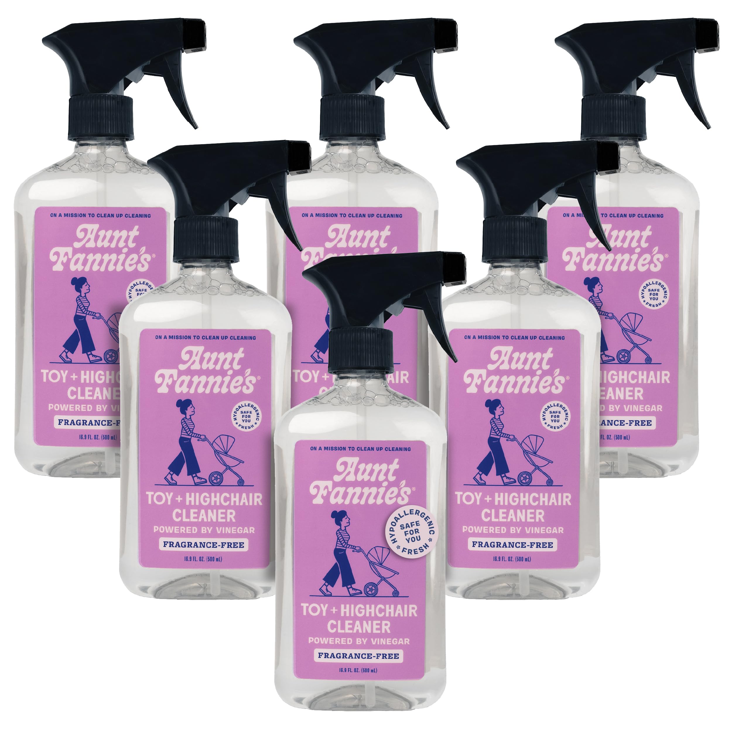 Aunt Fannie's Toy and Highchair Cleaner, Hypoallergenic, Multi-Purpose Spray Powered by Vinegar for Toys, High Chairs, Car Seats, Swings, Counters, and Other Hard Surfaces Fragrance Free, Pack of 6