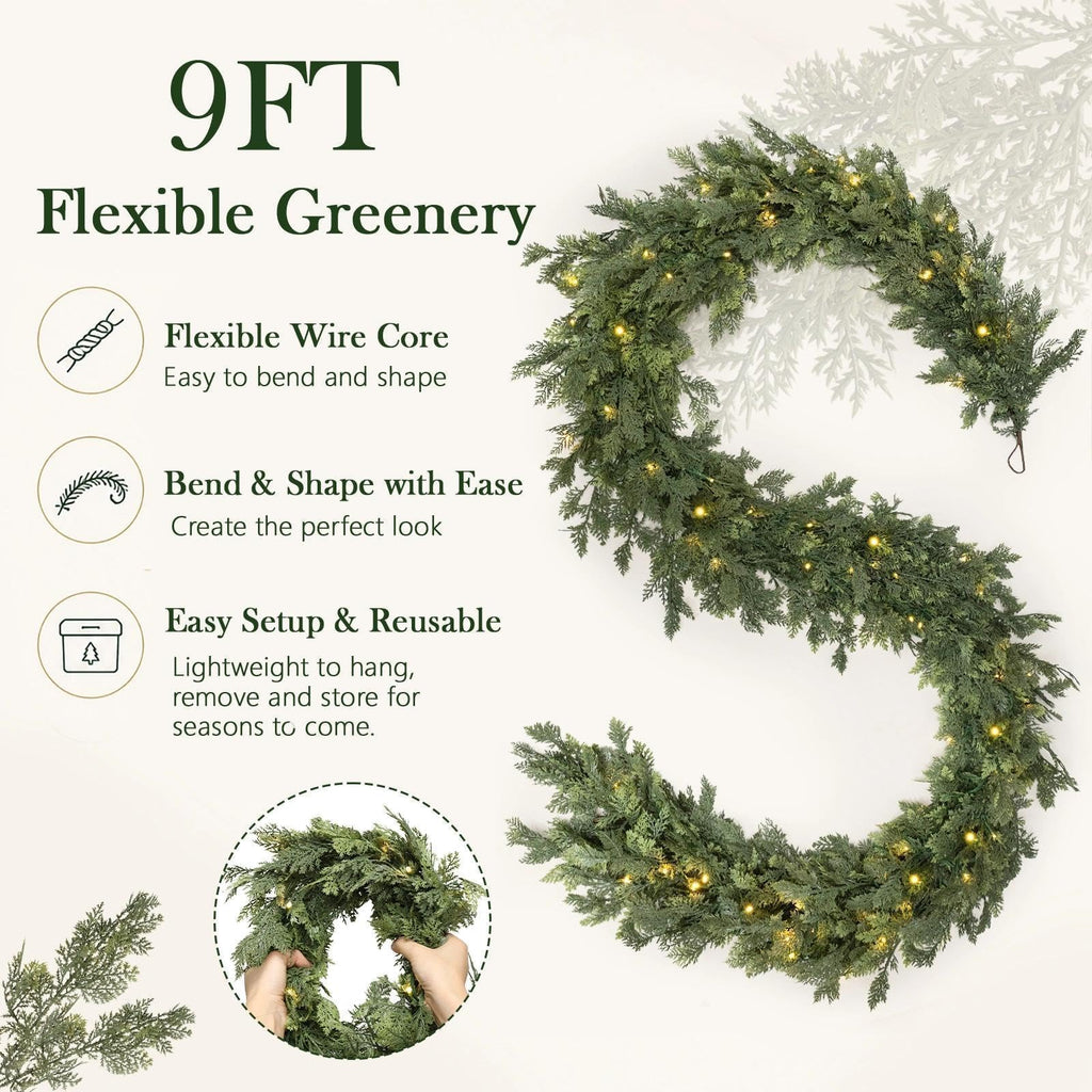 Pre-Lit Christmas Garland 9FT Decorations Real Touch Cedar Cypress Pine Greenery Artificial Green Christmas Garland with Lights for Mantle, Fireplace, Table, Stairs, Door, Indoor Outdoor Decorations