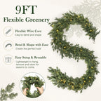 Pre-Lit Christmas Garland 9FT Decorations Real Touch Cedar Cypress Pine Greenery Artificial Green Christmas Garland with Lights for Mantle, Fireplace, Table, Stairs, Door, Indoor Outdoor Decorations