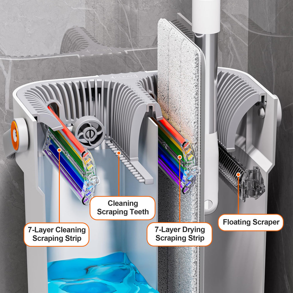 POPMOP Mop and Bucket Set, Flat Mop and Bucket System, Mop Bucket with Wringer, Wall Mop with Adjustable Handle (Max 61 Inches), 5 Washable Microfiber Mop Pads