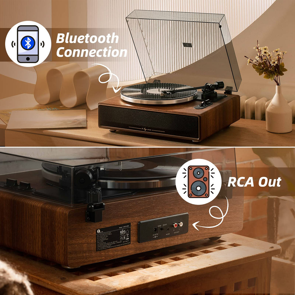 1 BY ONE High Fidelity Belt Drive Bluetooth Turntable with Built-in Speakers, Vinyl Record Player with Magnetic Cartridge, Wireless Playback and Aux-in Functionality, Auto Off