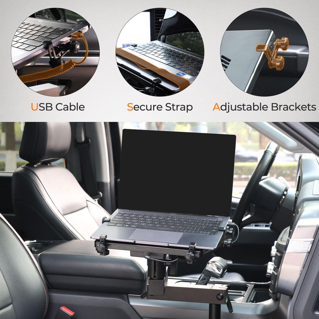 MELIPRON Truck Laptop Mount for Cars, Vans, Vehicles, No-Drill Computer Stand with Adjustable Height, Full Motion Swivel, Heavy-Duty Laptop Holder for Mobile Work