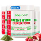 GOBIOTIX Super Greens Powder with Organic Spirulina - Superfood Supplement with Fruit Blend, Probiotics and Enzymes for Digestive Health - Vegan, Non-GMO - 30 Servings (Pomegranate Raspberry - 3 Pack)