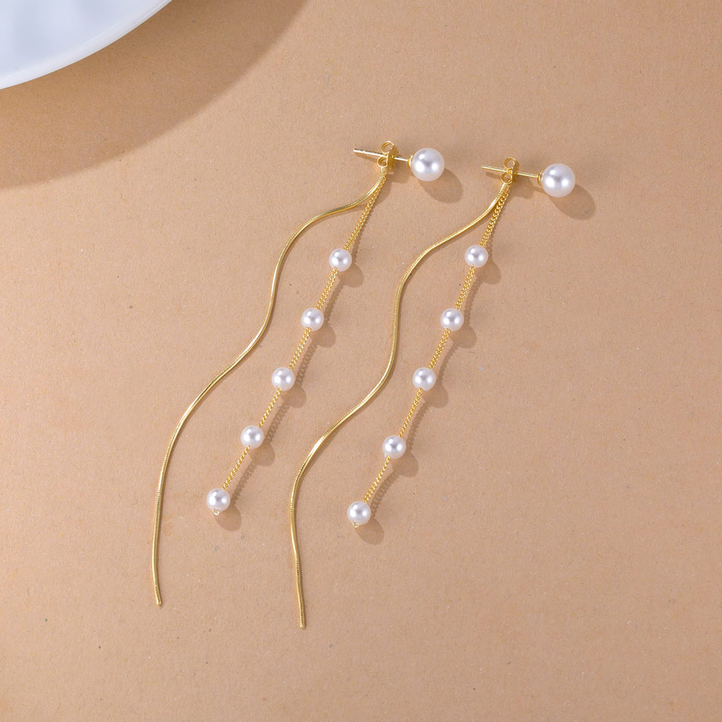 SLUYNZ Solid 925 Sterling Silver Simulated Shell Pearl Dangle Earrings Chain for Women Teen Girls Elegant Long Dangle Earrings Tassel Wedding Earrings Bridal (B-Gold Plated)