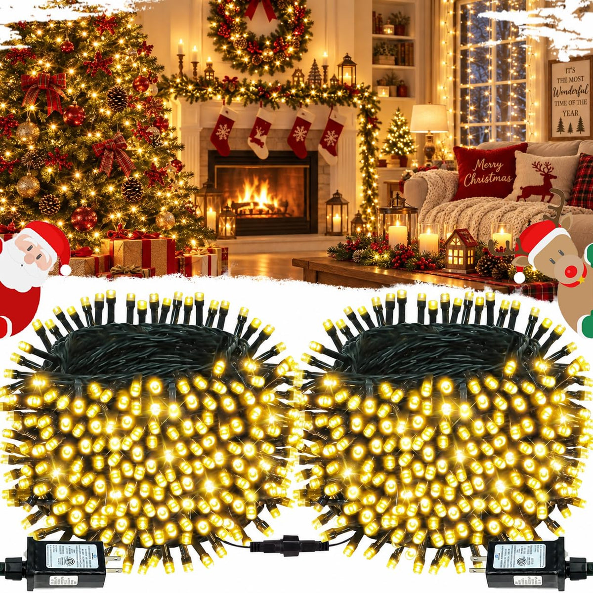 OZS Connectable 2-Pack 164Ft 400LED Christmas String Lights, Warm White