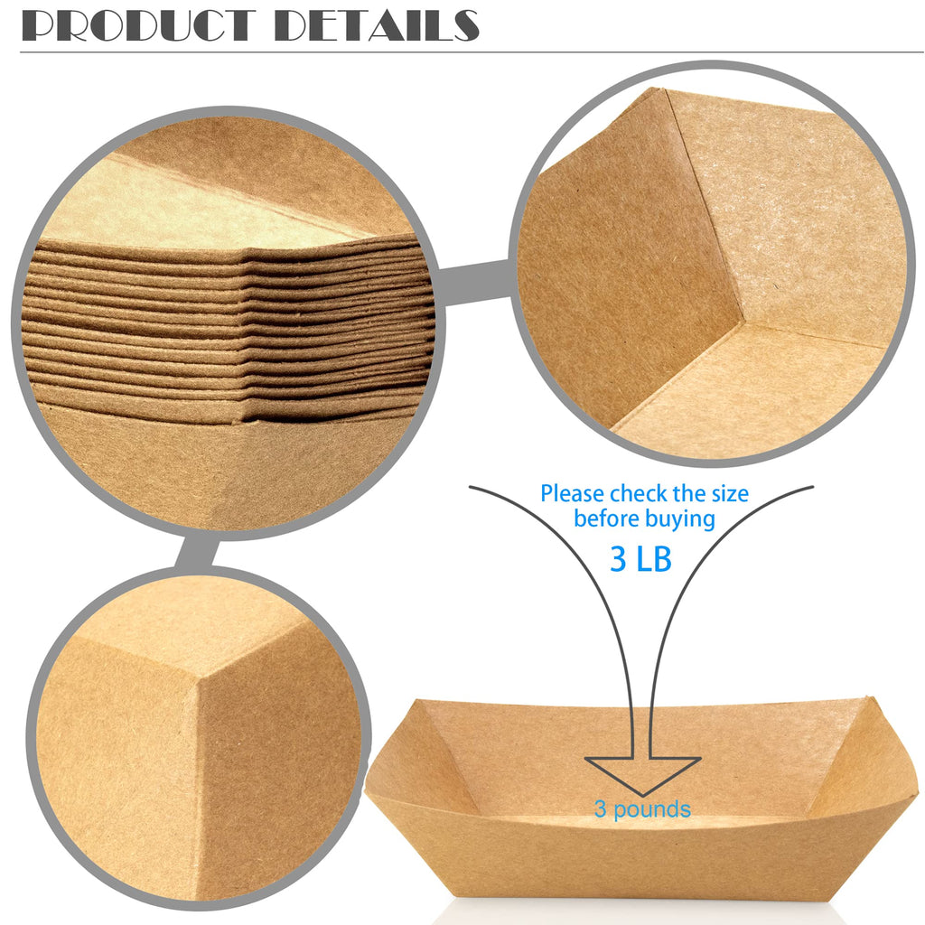MotBach 100 Pack 3lb Kraft Paper Food Trays, Heavy-Duty Paper Food Boat Disposable Serving Basket Tray for French Fries Nachos Snack Hot Dog Taco BBQ Popcorn Party Picnic Wedding Party (Brown)