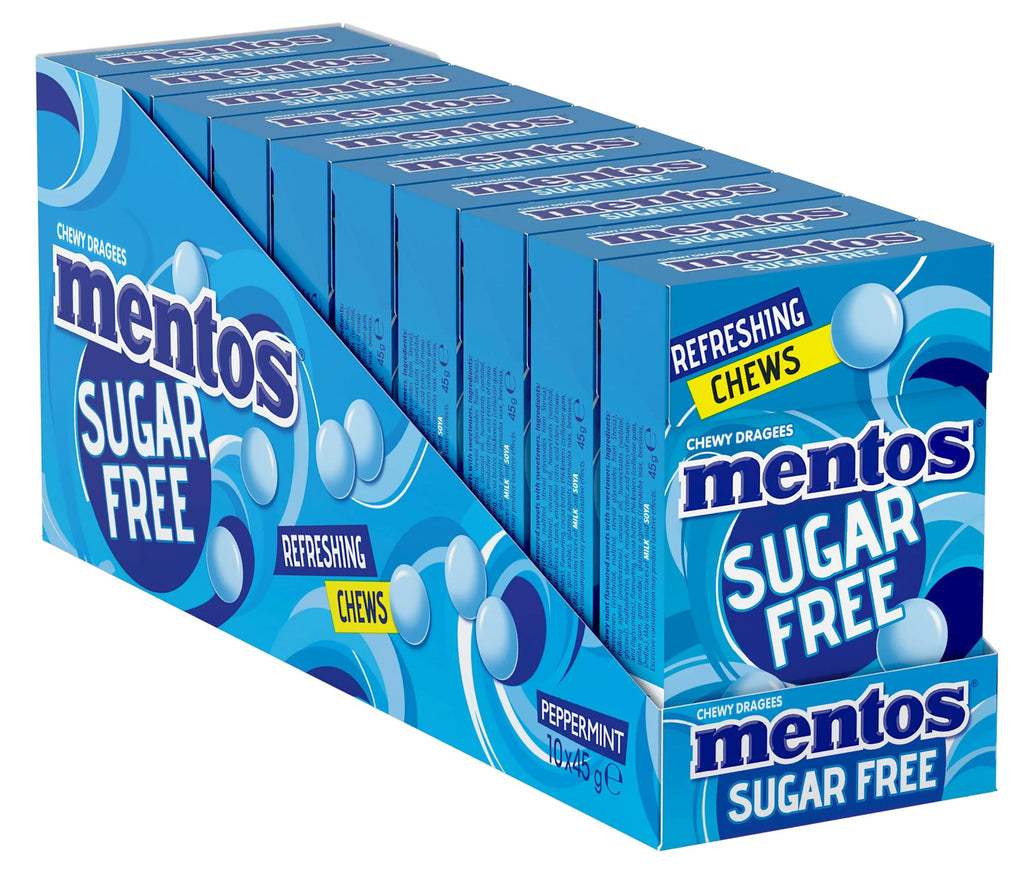 Mentos Sugar Free Peppermint Chews, Breath Freshening Sweets, Suitable for Vegetarians - 10 x 45 g