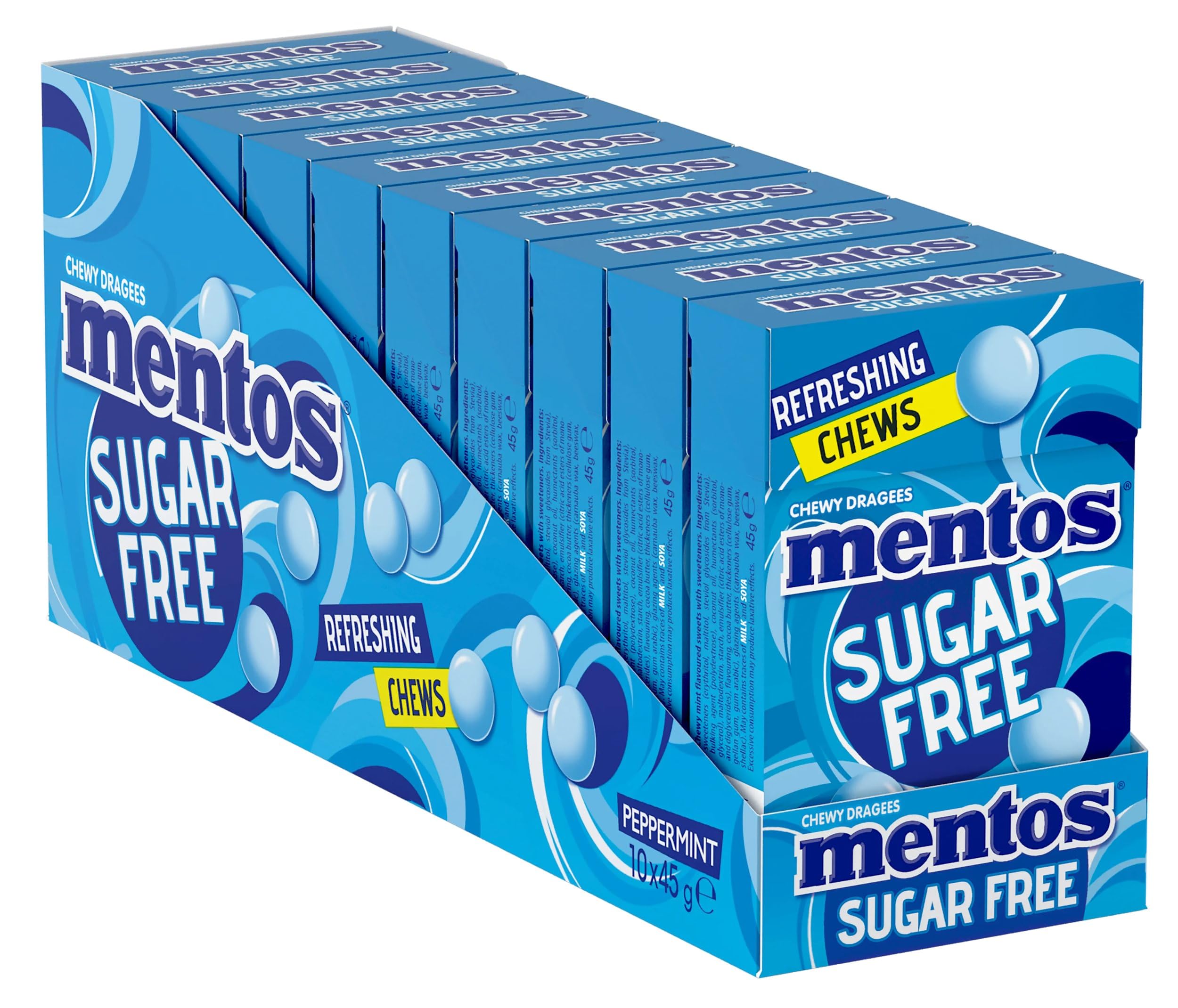 Mentos Sugar Free Peppermint Chews, Breath Freshening Sweets, Suitable for Vegetarians - 10 x 45 g
