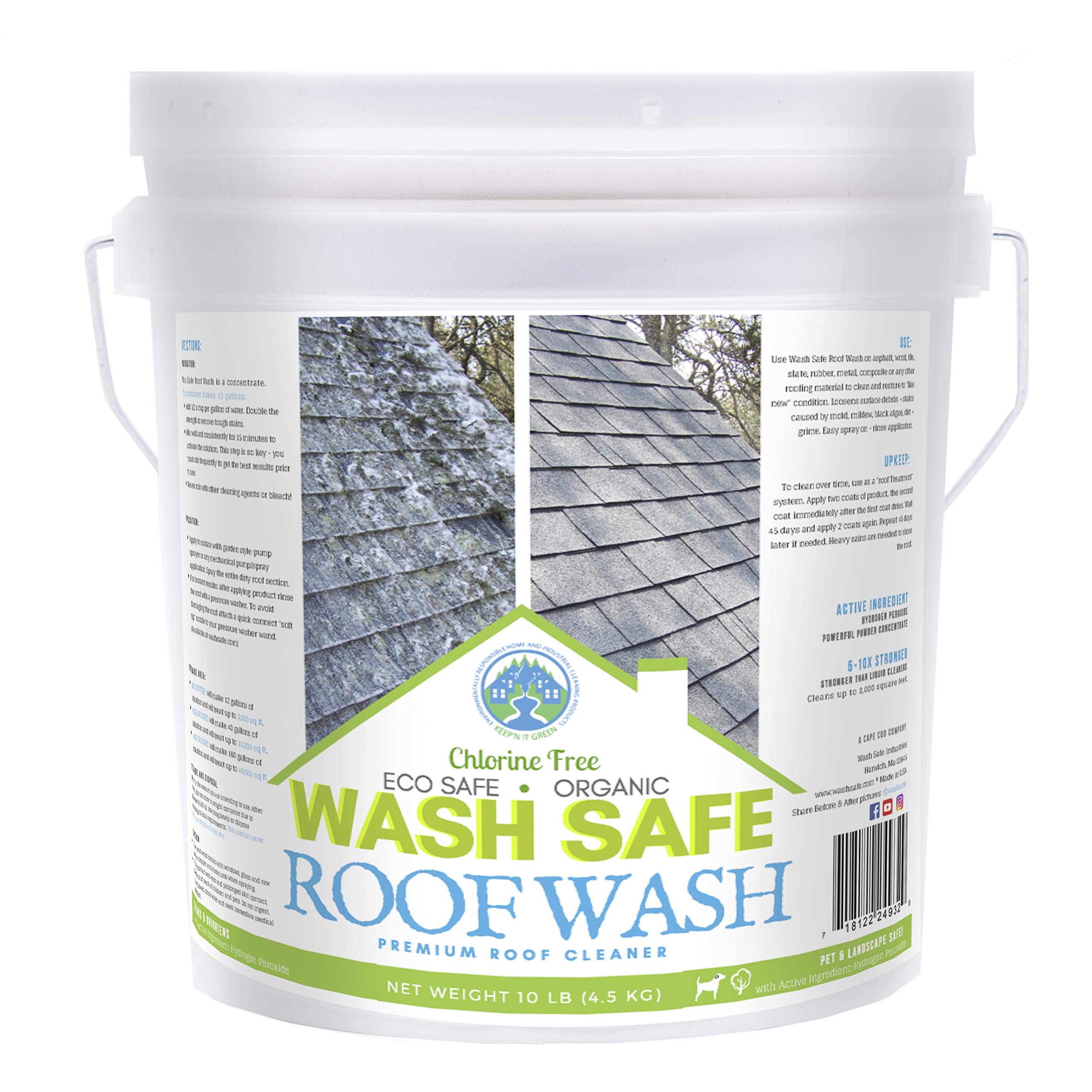 Wash Safe™ ROOF WASH Roof Cleaner, 10 lb. | Clear, Bleach-Free Concentrate | Clean Up to 10,000 sq. ft. of Asphalt, Wood, Slate and Ceramic Shingles or Tiles