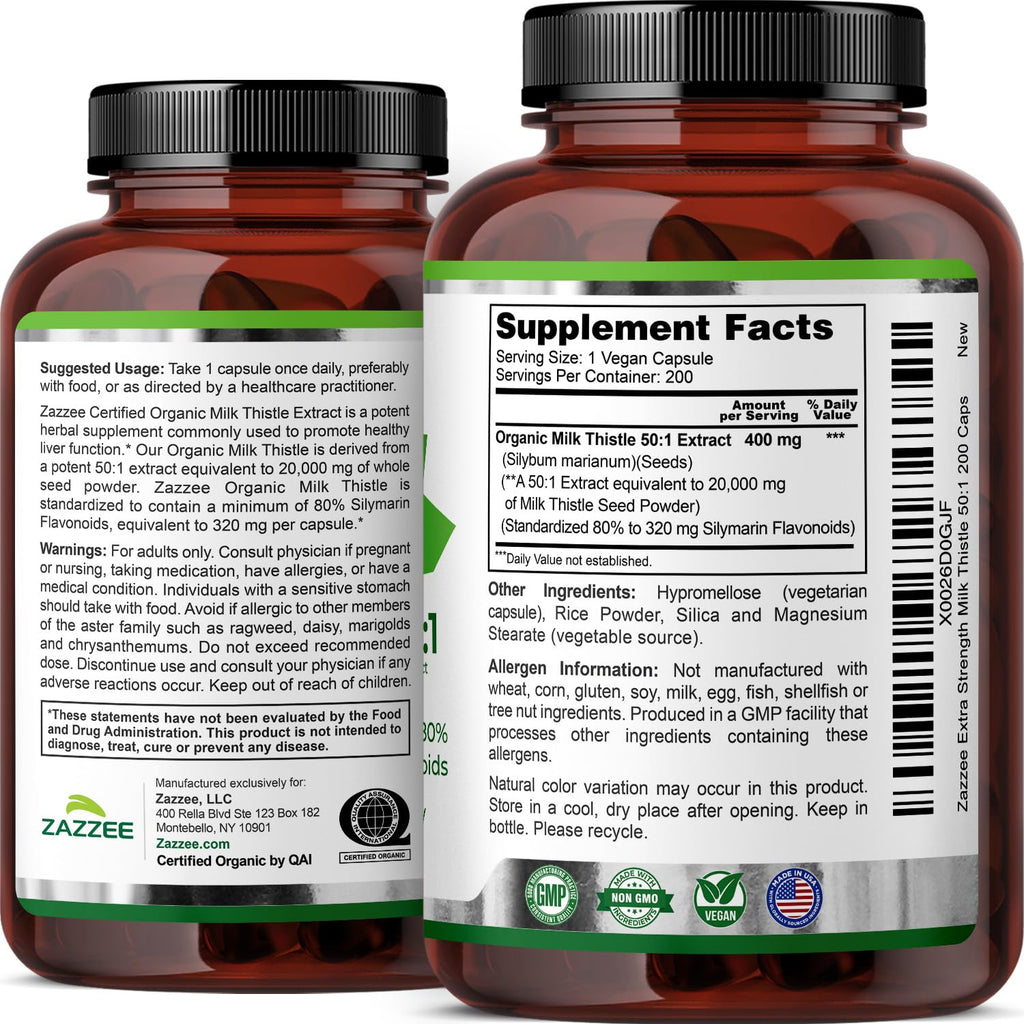 Zazzee USDA Organic Milk Thistle 50:1 Extract, 20,000 mg Strength, 200 Vegan Capsules, 80% Silymarin Flavonoids, 6+ Month Supply, Extra Strength, Liver Detox, Liver Cleanse, Non-GMO, Made in The USA