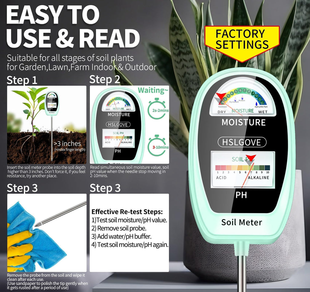 HSLGOVE Soil Test Kit, 2-in-1 Soil Moisture Meter/Soil PH Meter, Dual Screen Soil Tester, Soil Moisture Meter for Plants Watering/Gardening for Lawn,Farm Indoor&Outdoor Use-Apple Green