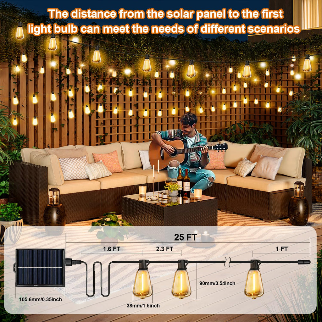Skoiuc Solar String Lights Outdoor Waterproof with Remote & Timer, LED Shatterproof ST38 Bulbs, USB & Solar Powered Patio Lights for Backyard, Porch, Garden, Wedding, Christmas Decor (25FT)