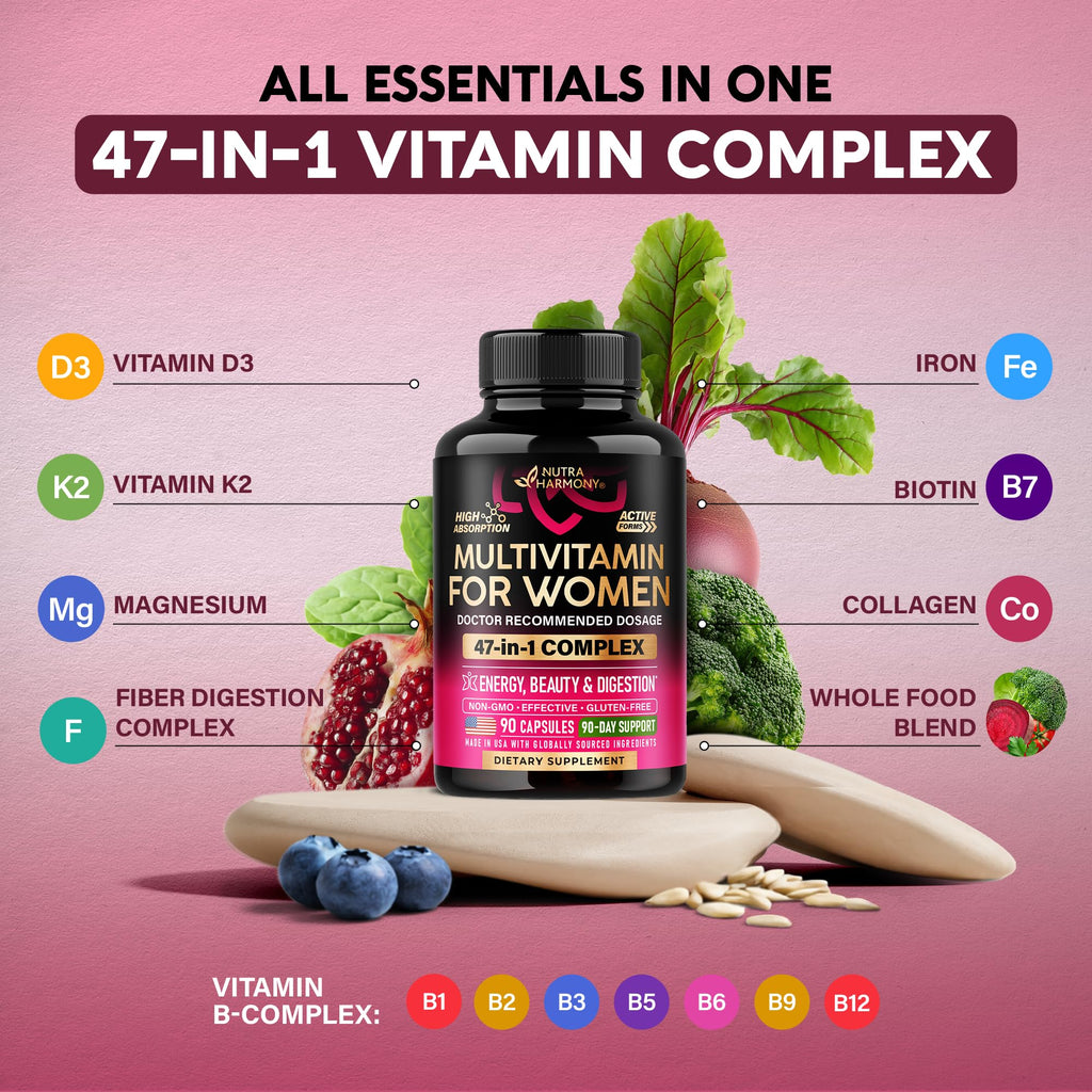 Multivitamin for Women - B-Complex | Whole Foods | Hair Growth Support | Digestion & Metabolism | Iron - 47in1 Womens Multivitamin - Bioavailable & Gentle on Stomach - Made in USA - 90 Capsules