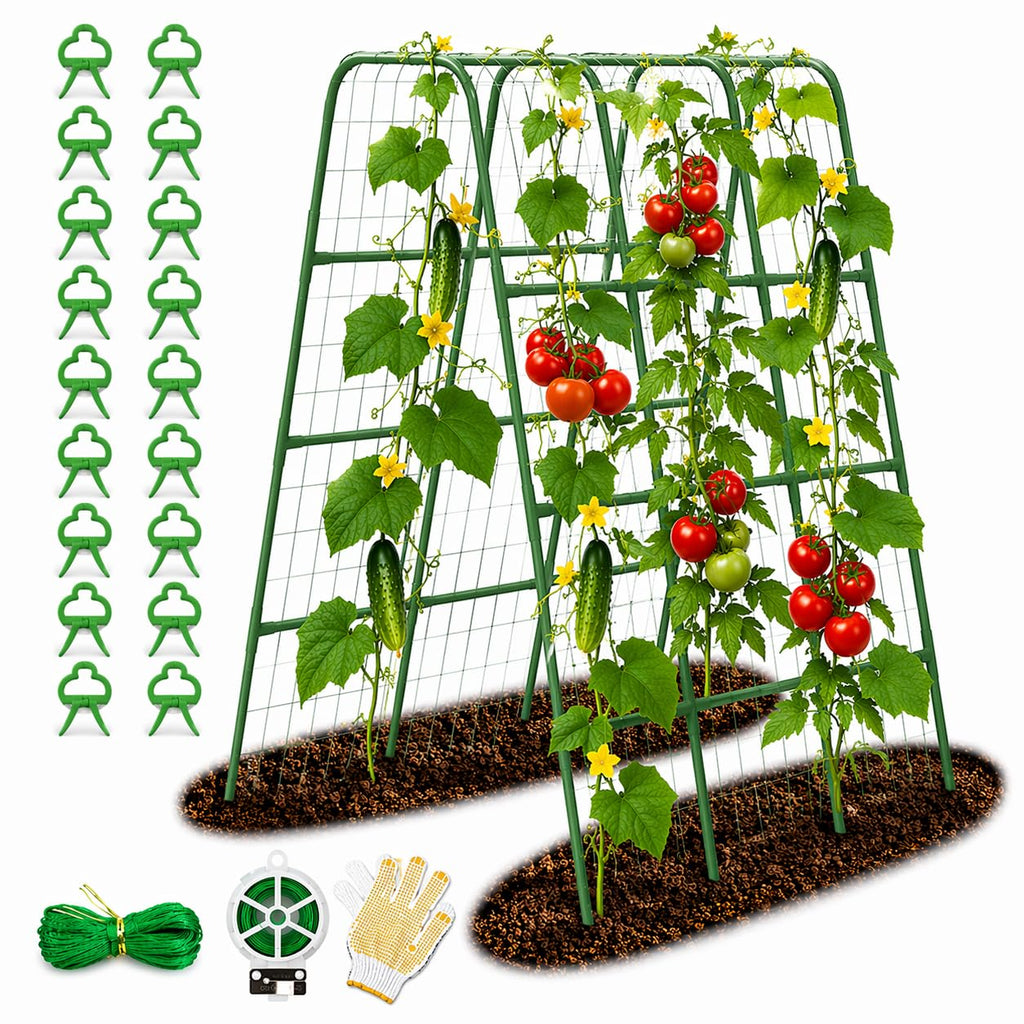 63"/5FT Heavy Duty Cucumber Trellis for Raised Beds, 16mm Metal Garden Trellis with Netting & Clips, Tall Vegetable Trellis for Tomatoes, Beans, Peas & Climbing Plants