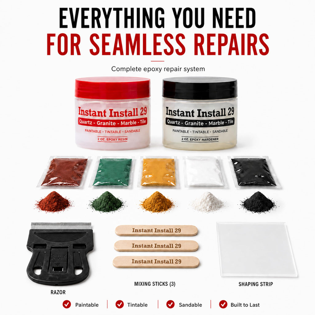 Instant Install 29 Complete - 4 oz Epoxy Permanent Repair Kit with EZ-Tint 10 g 5-Pack, Mixing Sticks, Razor, & Shaping Strip - Granite, Marble, & Tile - Rebonds & Rebuilds - Dry in 29 Minutes