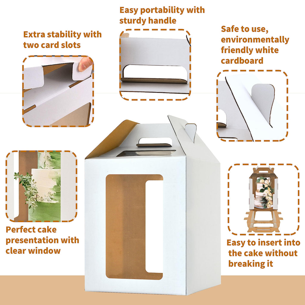 Hzzycaxli 6 Pack Tall Cake Boxes for Tier Cakes with windows,12x12x14 Inch Large Tiered Cake Box,10in 12in Tall Cake Carrier,large Layer cake box Cake Containers