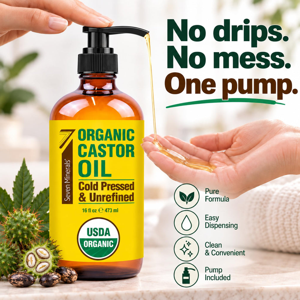 Seven Minerals USDA Organic Castor Oil - Big 16 oz Glass Bottle with Pump - 100% Pure Cold Pressed Unrefined Hexane Free - for Hair Growth, Eyelashes, Eyebrows, Skin, Cuticles & Caster Oil Packs