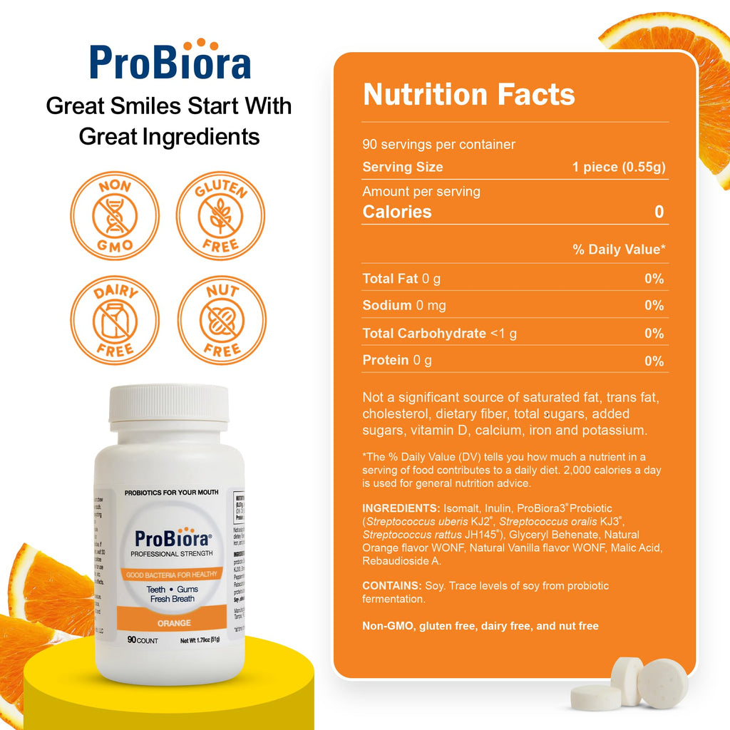 ProBiora Professional Strength Oral Probiotics for Teeth and Gums | Dental Probiotic for Oral Health | Bad Breath Treatment for Adults | Tooth Whitening | ProBiora3 Probiotic Blend | 90 Orange Tablets