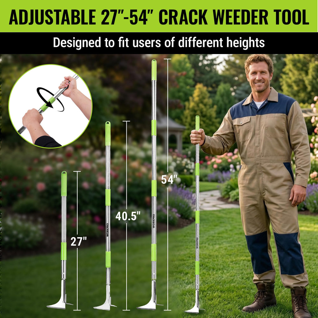 WORKPRO Crack Weeder, Stainless Steel Crevice Weeding Tool with Adjustable Long Handle (27"-54")