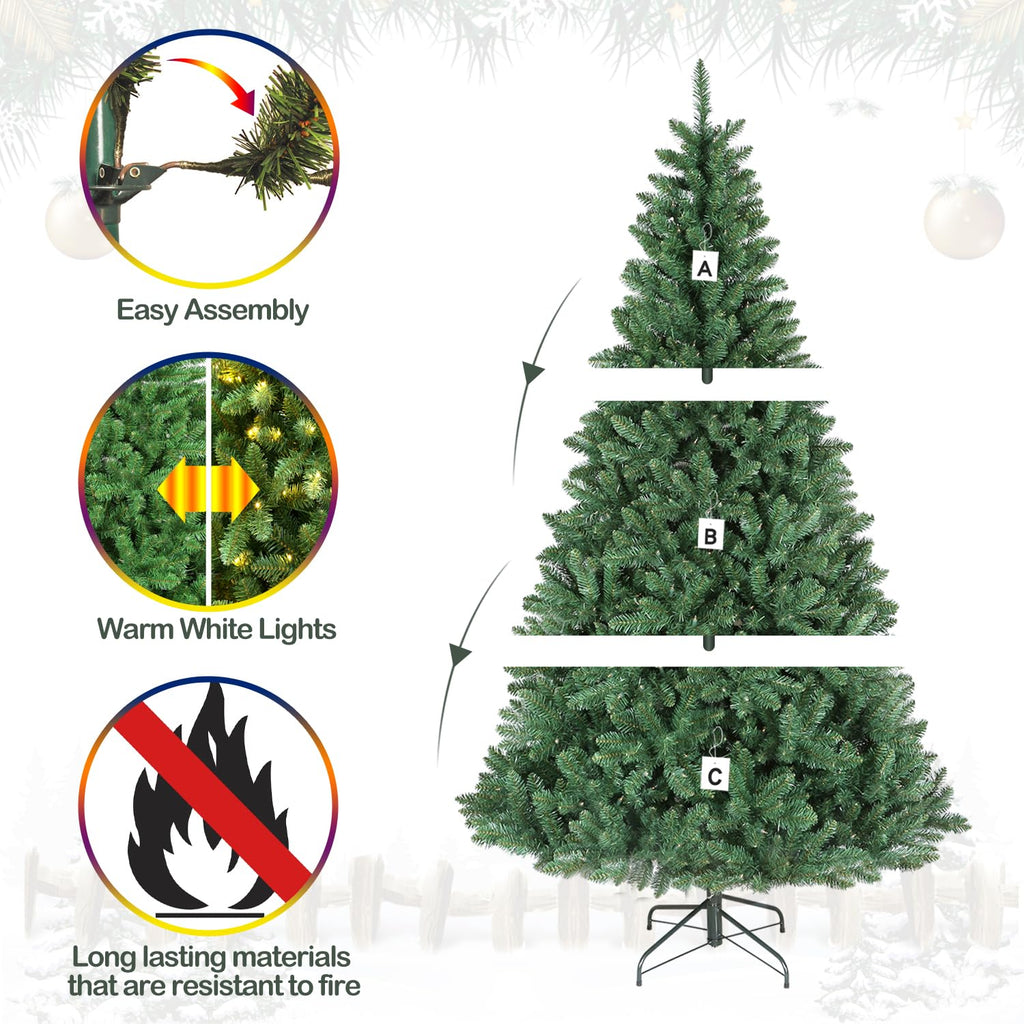 Hykolity 6 ft Prelit Christmas Tree, Artificial Christmas Tree with 250 Warm White Lights, 1032 Tips, Metal Stand and Hinged Branches