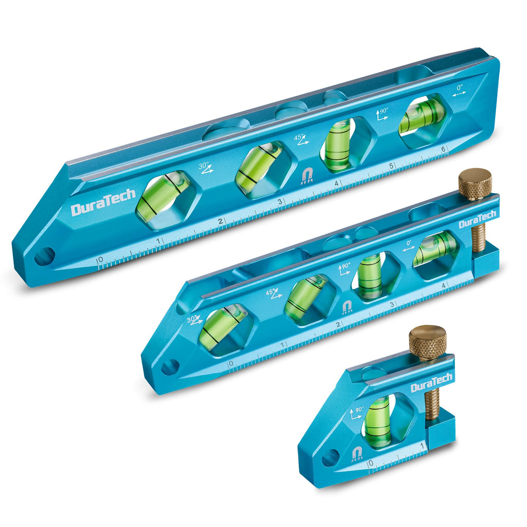 DURATECH 3-Piece Level Tool Set, Magnetic Torpedo Level Included 2.5", 6.25", 8" Leveler with 0°/30°/45°/90° Bubbles, V-Groove, Large Viewing Window, Aluminium Alloy Construction, SAE and Metric Scale
