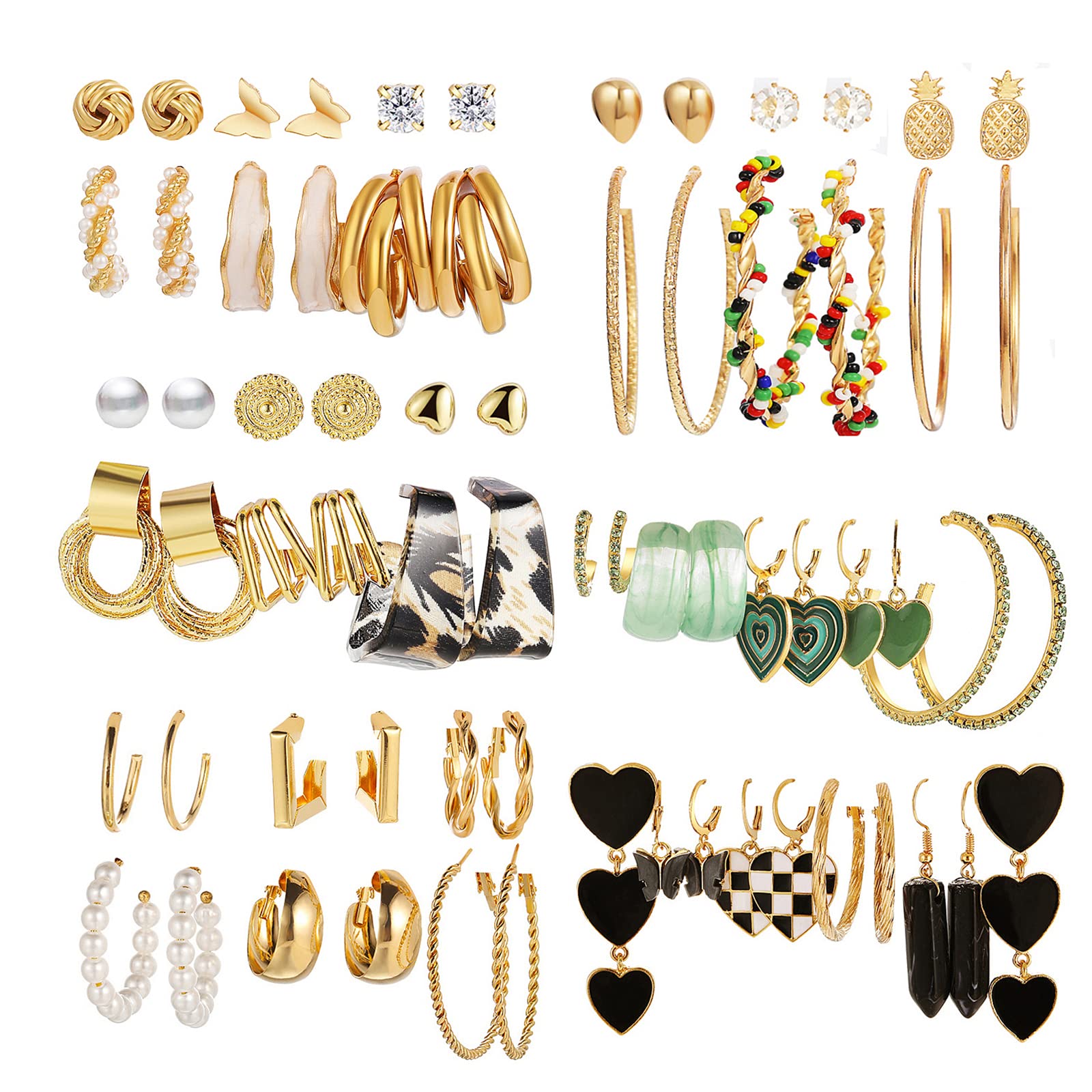 JMScape 34 Pairs Gold Hoop Earrings Set for Women, Fashion Drop Dangle Packs Black Hearts Multipack Hypoallergenic for Valentine's Day Gifts