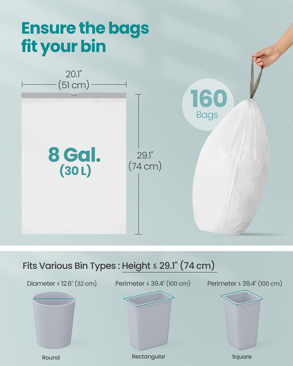 SONGMICS Trash Bags, Drawstring Kitchen Garbage Bags, Pre-Separated, Quick-Dispense Box, for 8-Gallon (30 L) Trash Cans, Liner Code H, 4 Rolls, 160 Count, White UKRB031A04
