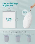 SONGMICS Trash Bags, Drawstring Kitchen Garbage Bags, Pre-Separated, Quick-Dispense Box, for 8-Gallon (30 L) Trash Cans, Liner Code H, 4 Rolls, 160 Count, White UKRB031A04