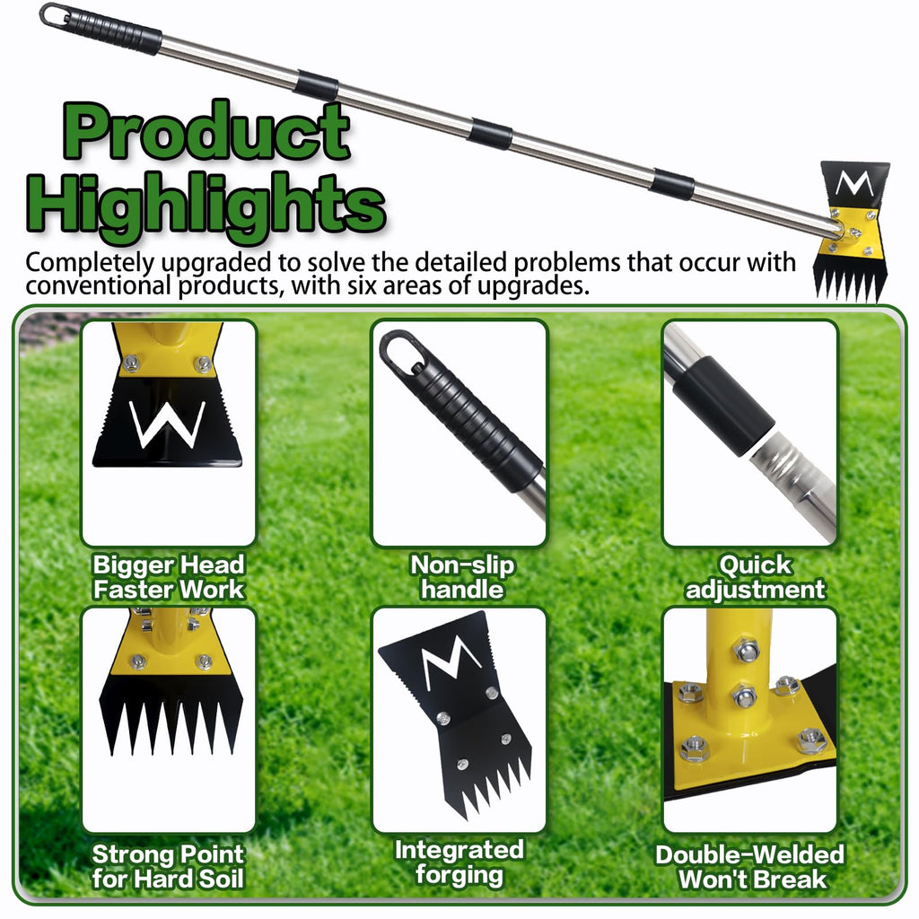 BCJCLTS 2-in-1 Garden Hoe and Weed Puller Rake, 60 Inch Adjustable Long Handle Weeding Tool Heavy Duty Spring Steel Head, Dual Side Hand Weed Rake, Weed Remover for Garden, Yard, Lawn, Driveway.