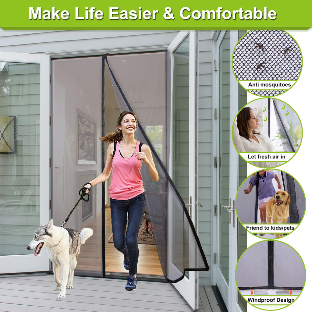 Risareyi Magnetic Screen Door Self Closing, 65 x 70 inches, Black Upgraded Polyester Thicken Mesh Mosquito Net for Patio Door, with Magnets, Keep Bugs Out, with Hook Tape