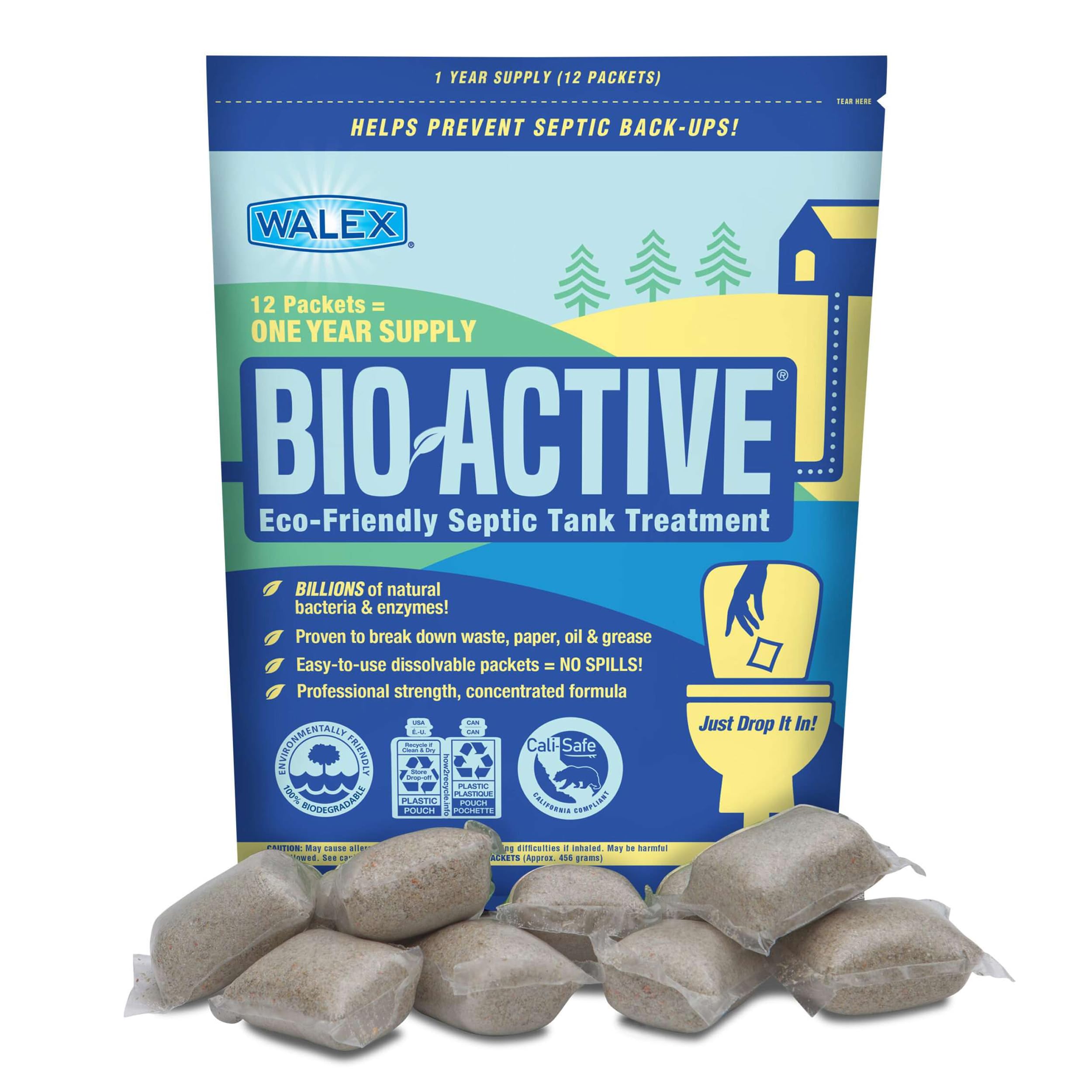 Walex Bio-Active Home Septic Tank Treatment - Strong Digestive Power with Beneficial Bacteria & Enzymes for Liquefying Solids & Breaking Down Waste, Odor Neutralizer -1 Year Supply, 12 Packets