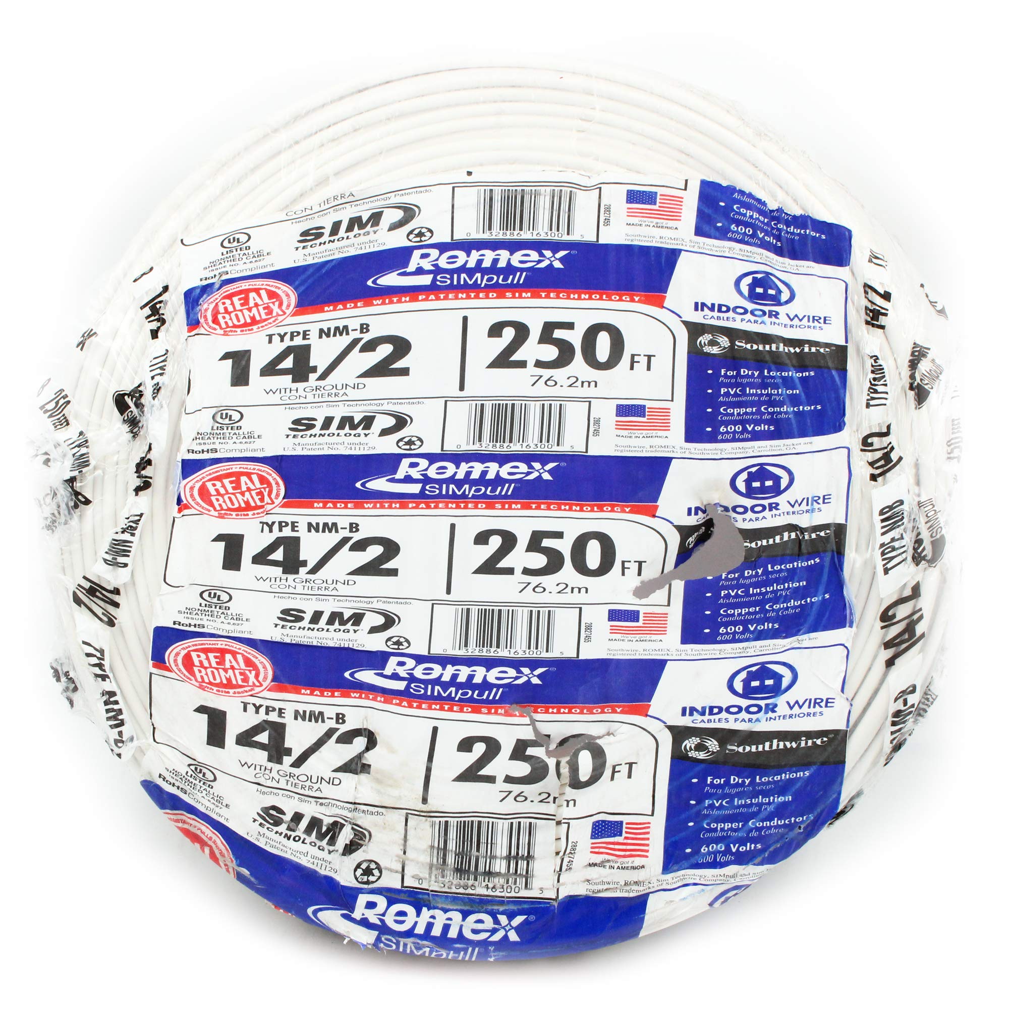 SOUTHWIRE Company #28827455 250' 14/2 W/G NM Indoor Cable, for Dry Location, Compatible with Standard Electrical Devices