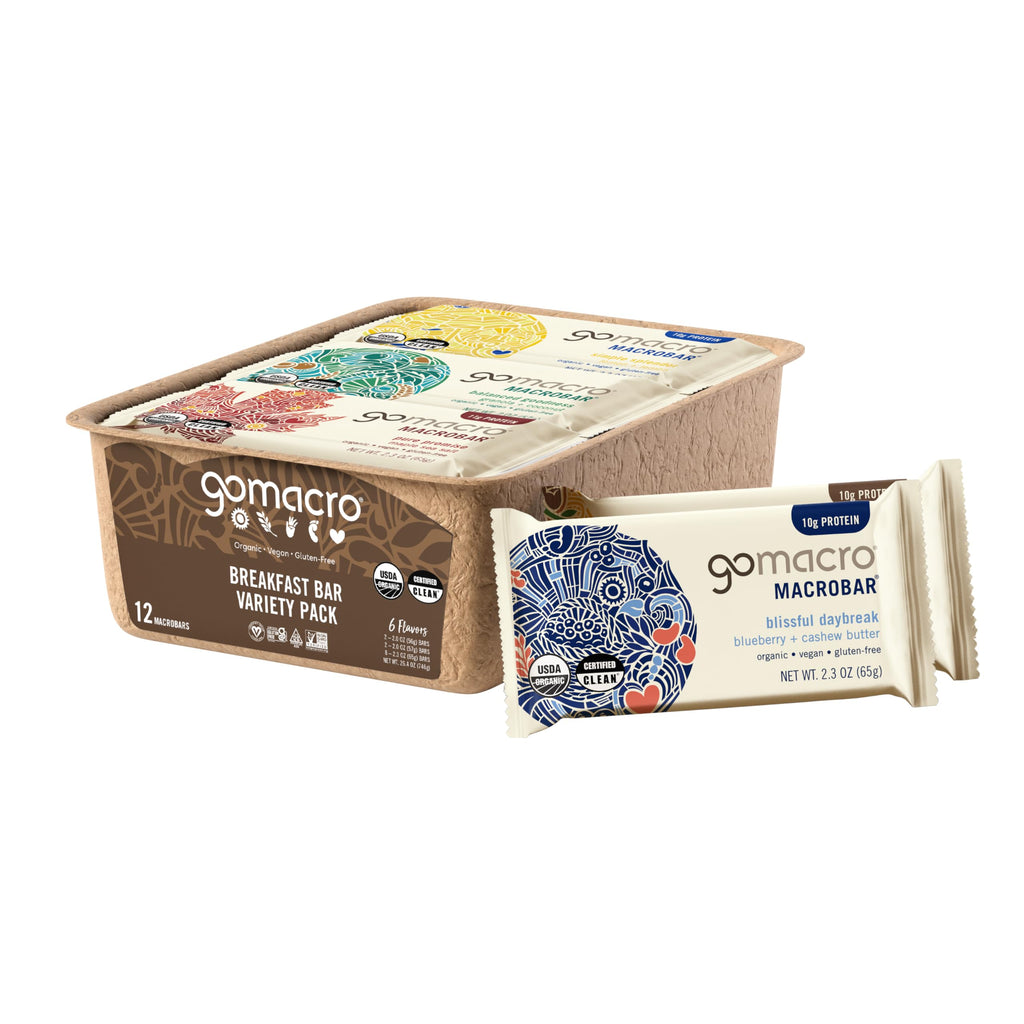 GoMacro Macrobar Organic Vegan Protein Bars, Breakfast Variety Pack, 12 Count