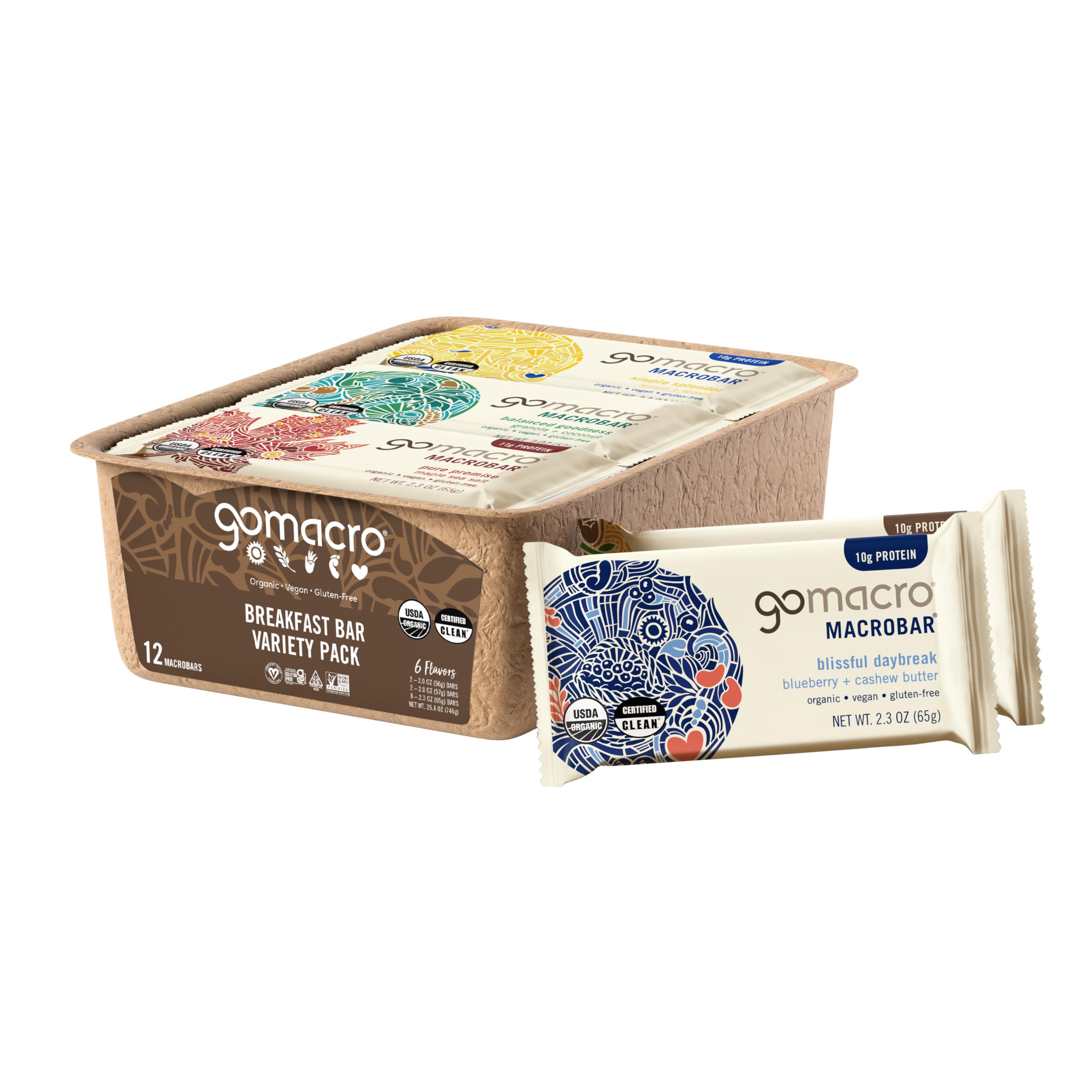 GoMacro Macrobar Organic Vegan Protein Bars, Breakfast Variety Pack, 12 Count