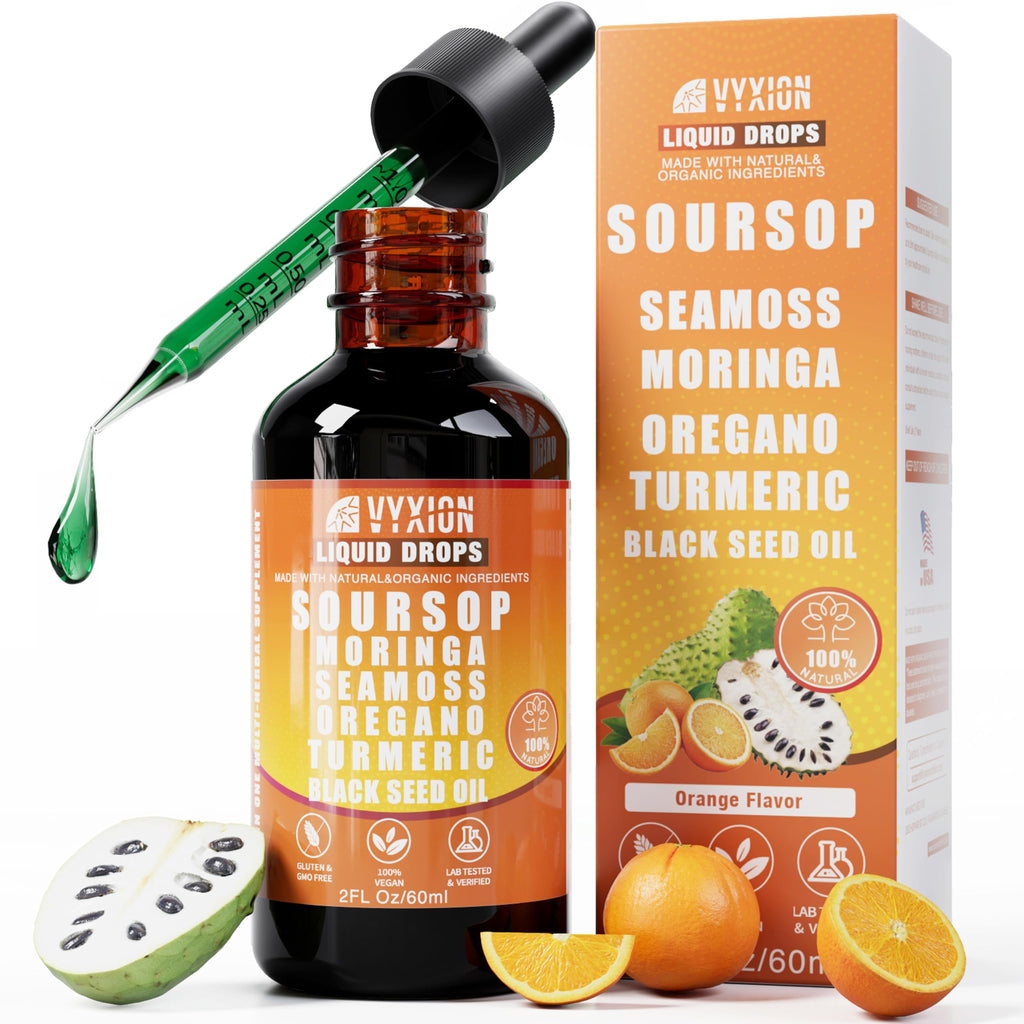 Soursop Bitters Liquid Drops 10 in 1 with Sea Moss, Moringa, Turmeric, Black Seed Oil, Oregano, Ashwagandha | Herbal Extracts for Overall Health-Enhancing | Vegan, Non-GMO | 2 Fl Oz (Orange Flavor)