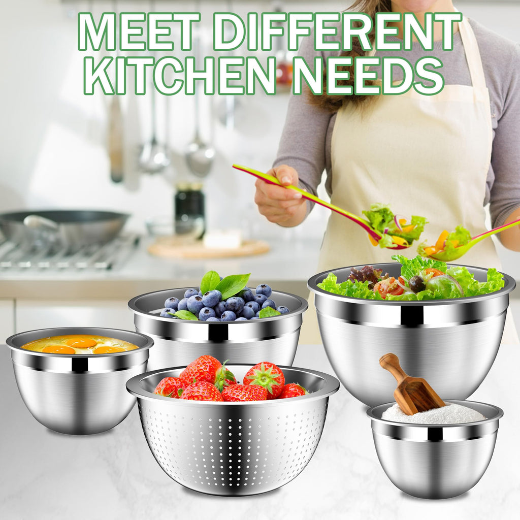DUTZUN Mixing Bowls with Lids Set, Stainless Steel Mixing Bowls with Colander, Strainer with Mixing Bowl Set, Kitchen Gadgets Bowl Christams Gift, Size 4, 2.5, 2, 1.5QT - Black