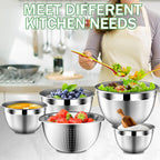 DUTZUN Stainles Steel Mixing Bowls with Lids Set, Stackable Metal Mixing Bowl with Strainer, 5-Piece - Beige