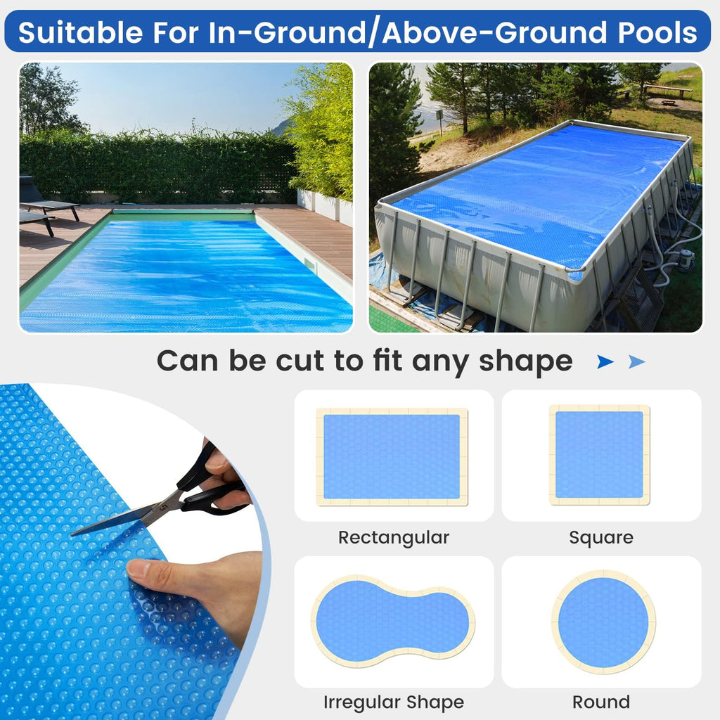 Goplus Pool Cover, 12 x 24 FT Solar Blanket 12 Mil with Carrying Bag for In-Ground and Above-Ground Swimming Pools, Rectangle Hot Tub SPA Thermal Blanket, Blue Bubble