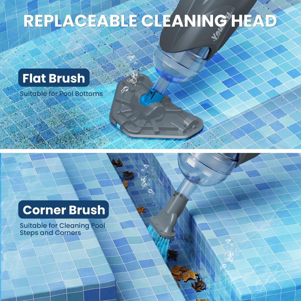 Cordless Pool Vacuum for Above Ground Pool with Telescopic Pole, 18.5 GPM Powerful Suction, 45 Mins Runtime, Rechargeable Handheld Pool Cleaner with 2 Brush Heads for Inground Pools