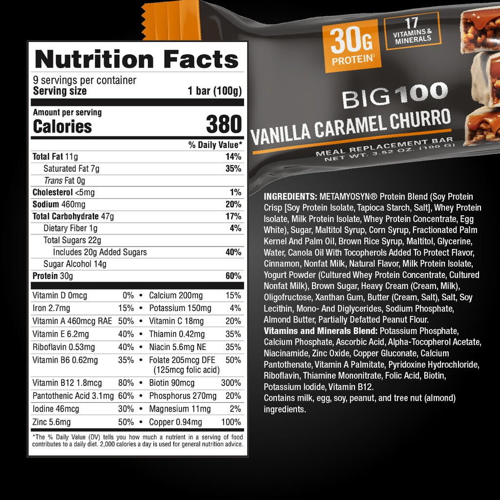 MET-Rx Big 100 Colossal Protein Bars,Vanilla Caramel Churro Meal Replacement Bars,Brown,9 Count (Pack of 4)