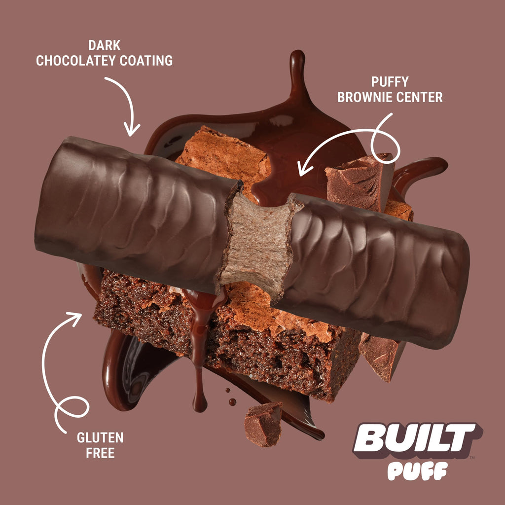 BUILT Bar Puff Protein Bars - Brownie Batter - 17g Protein Snack Bars with Collagen - Calorie Conscious & Gluten Free - 12 Count