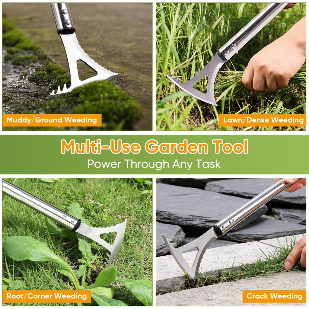 EOMEOH Crack Weeder, 3-in-1 Stainless Steel Weeding Tool with 60" Long Handle - Stand Up Weeder for Driveway, Sidewalk & Deck Crevices - No Bending, Tool-Free Assembly