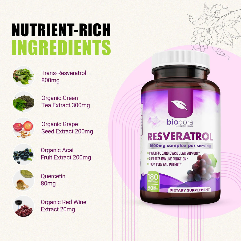 Resveratrol 1600mg - 180 Capsules | Trans-Resveratrol Antioxidant Supplement with Natural Green Tea, Grape Seed Polyphenols & Quercetin, Supports Digestive, Heart Health, Immune System, Brain Function