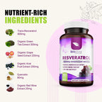 Resveratrol 1600mg - 180 Capsules | Trans-Resveratrol Antioxidant Supplement with Natural Green Tea, Grape Seed Polyphenols & Quercetin, Supports Digestive, Heart Health, Immune System, Brain Function
