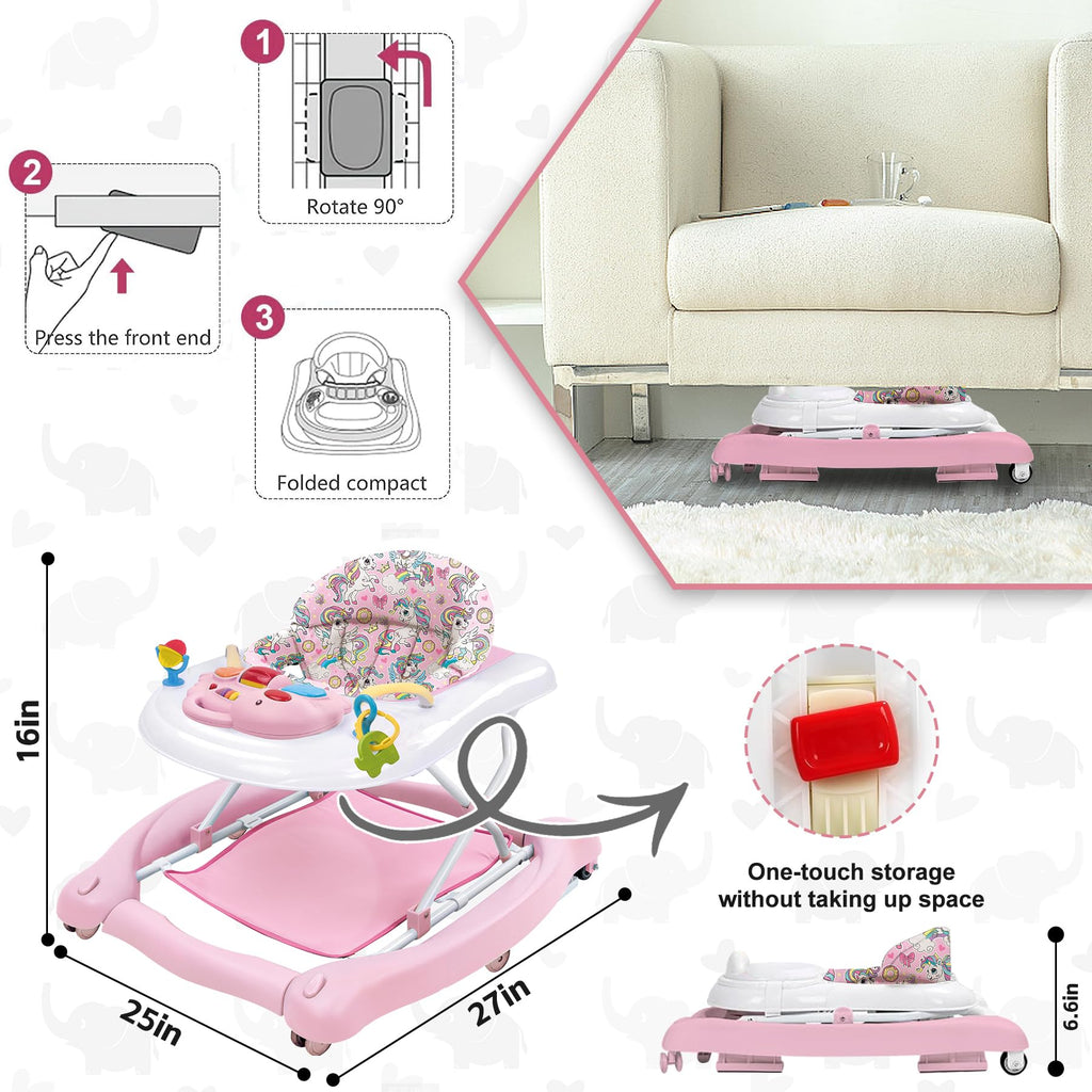 Foldable Baby 5-in-1 Activity Walker - Rocker, Activity Center, Bouncer, Seat Walker, Push Walker - Adjustable Speed Rear Wheels and Height Toys Ages 6-18 Months… (Pink)