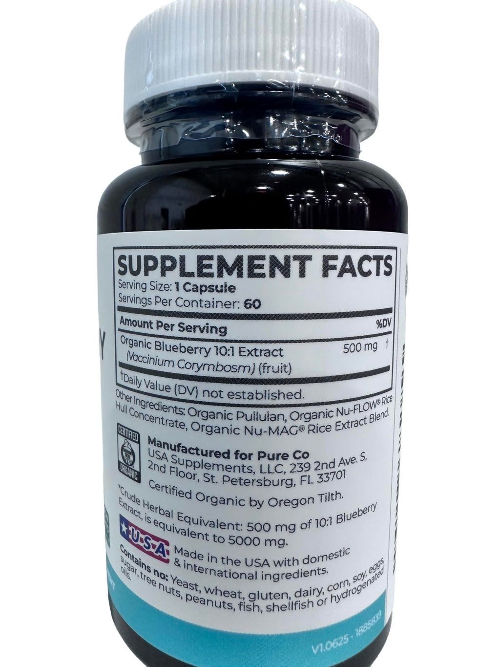 USDA Organic Blueberry Extract Capsules - High Potency Organic Blueberry 500mg 10:1 Extract Per 1 Capsule Serving - Blueberry Supplement for Brain & Immune Support - Vegan Non-GMO (2 Month Supply)