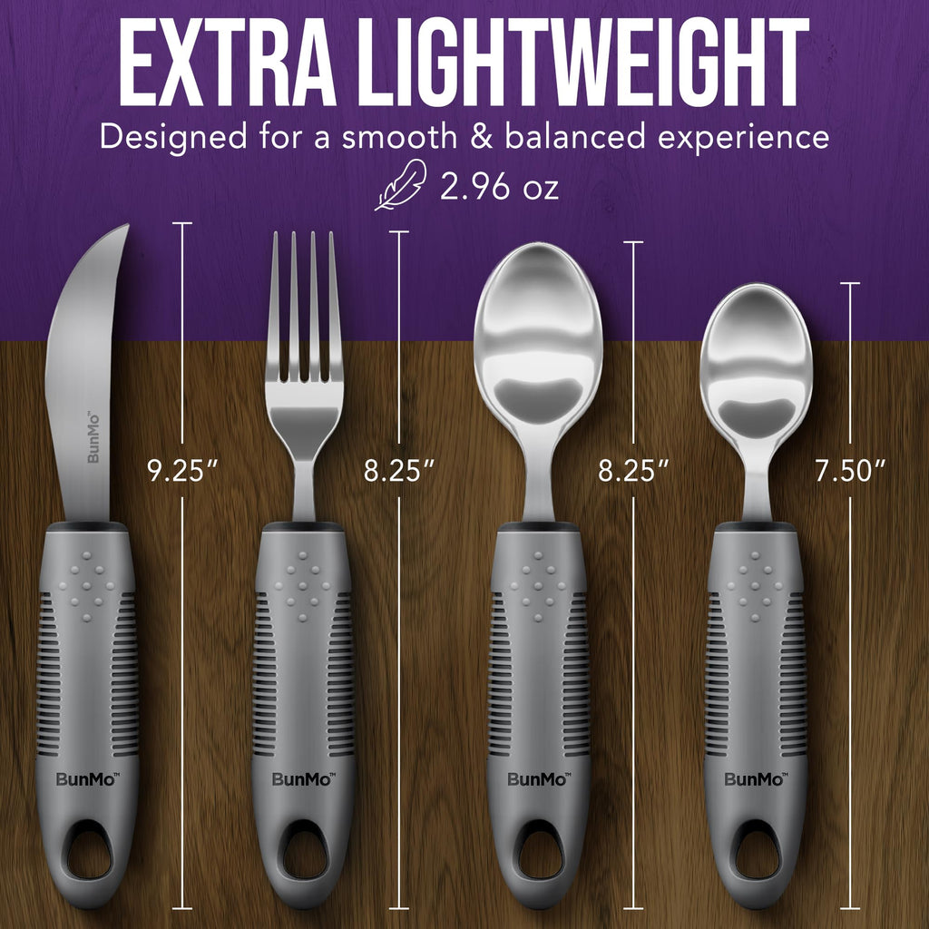 BUNMO Adaptive Utensils for Elderly, Tremors & Weak Hand Grips – 4pc Lightweight Assistive Silverware Set with Foam Easy Grip Handles – Discreet Canvas Travel Wrap – Dishwasher Safe