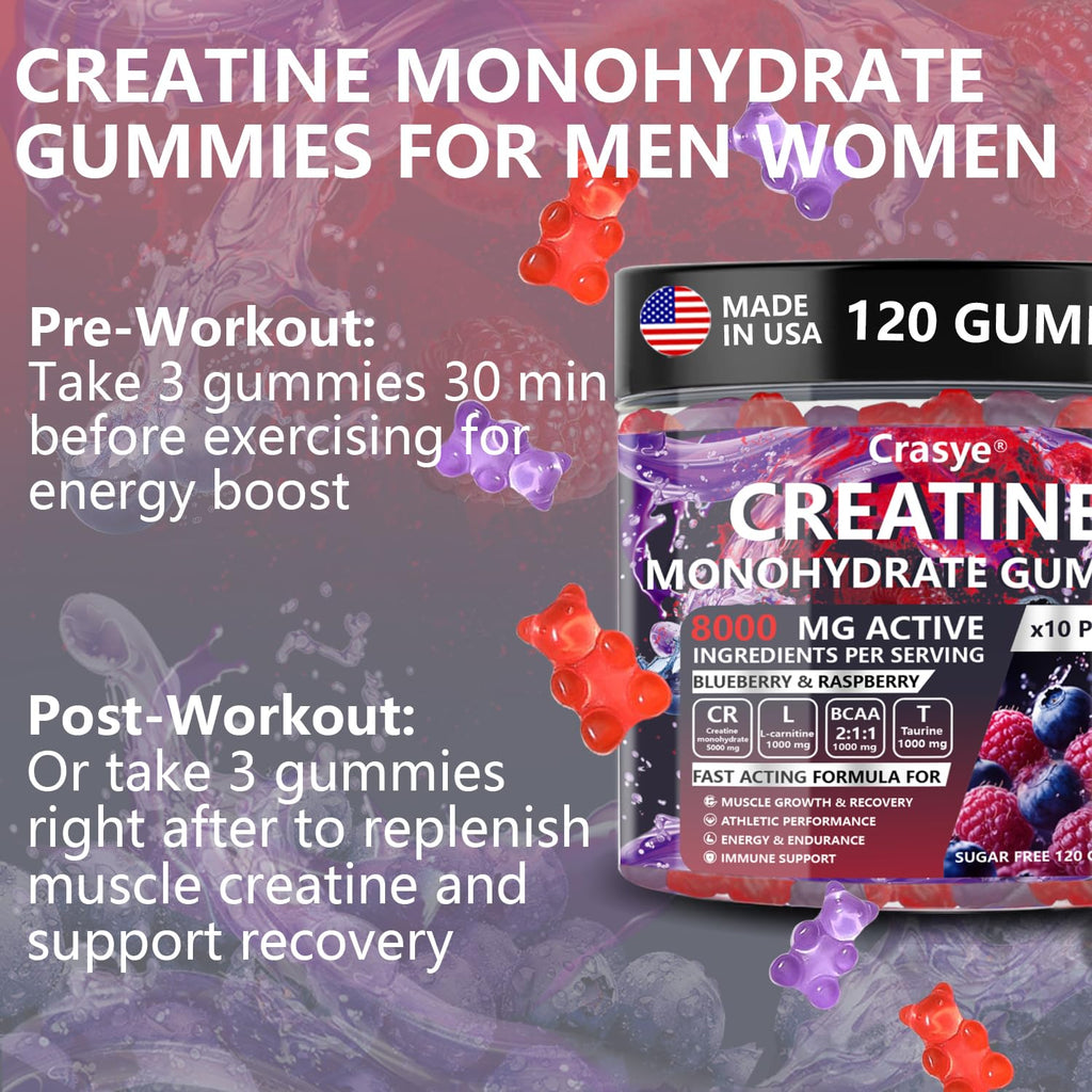 Crasye Creatine Gummies Complex 8000mg for Men and Women Creatine Monohydrate Gummy with BCAA Taurine for Muscle Strength and Energy Boost Sugar Free Pre-Workout Supplement - 120 Gummies