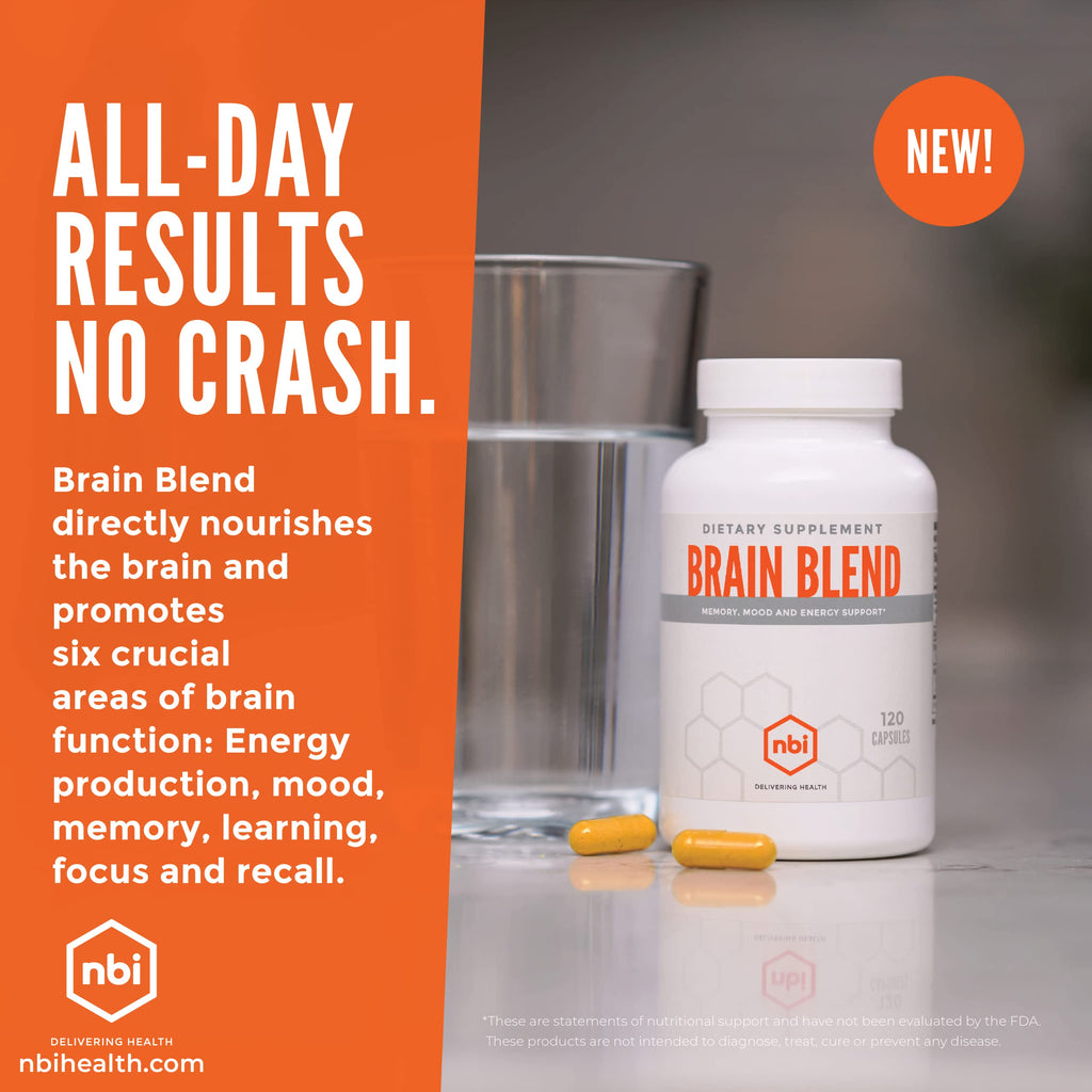 NBI Brain Blend for Memory, Focus, Concentration, Cognitive Function for Men & Women | Caffeine-Free with ALCAR, Alpha Lipoic Acid, Huperzine A, Turmeric | Nootropic | 120ct Capsules